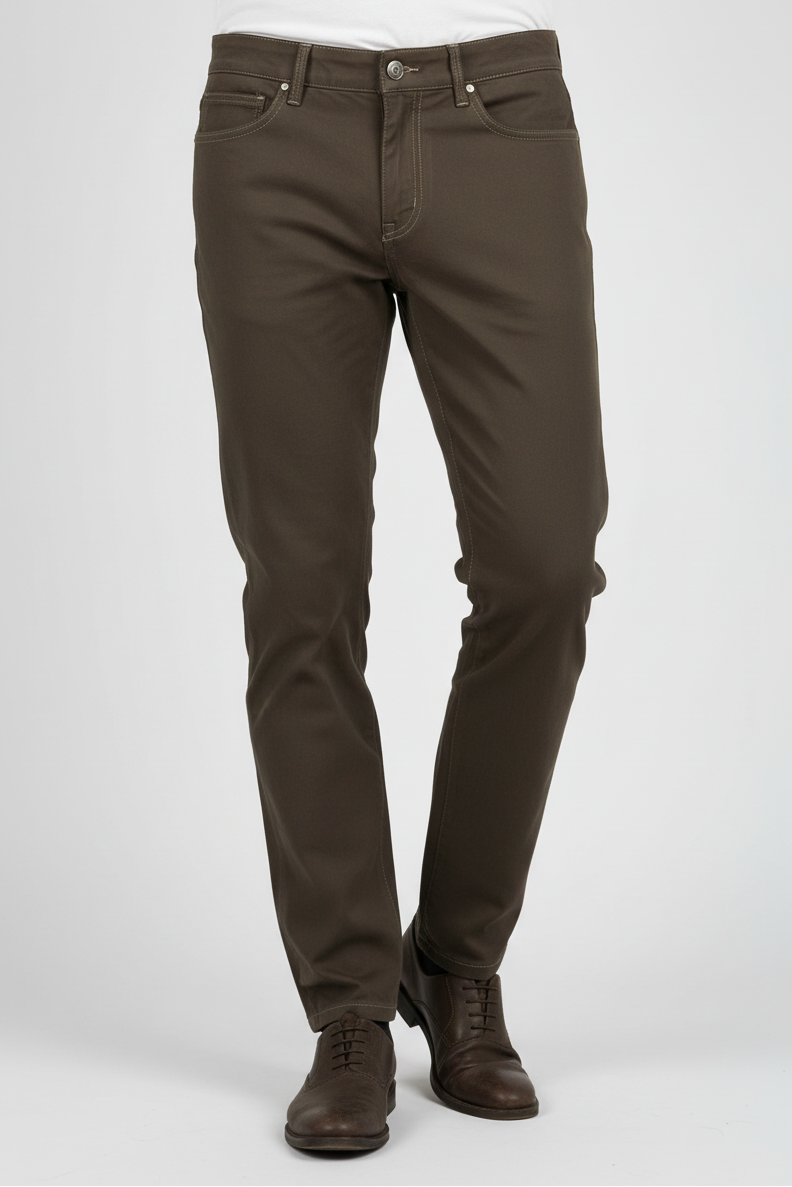 Brown pants worn by a person on a white background