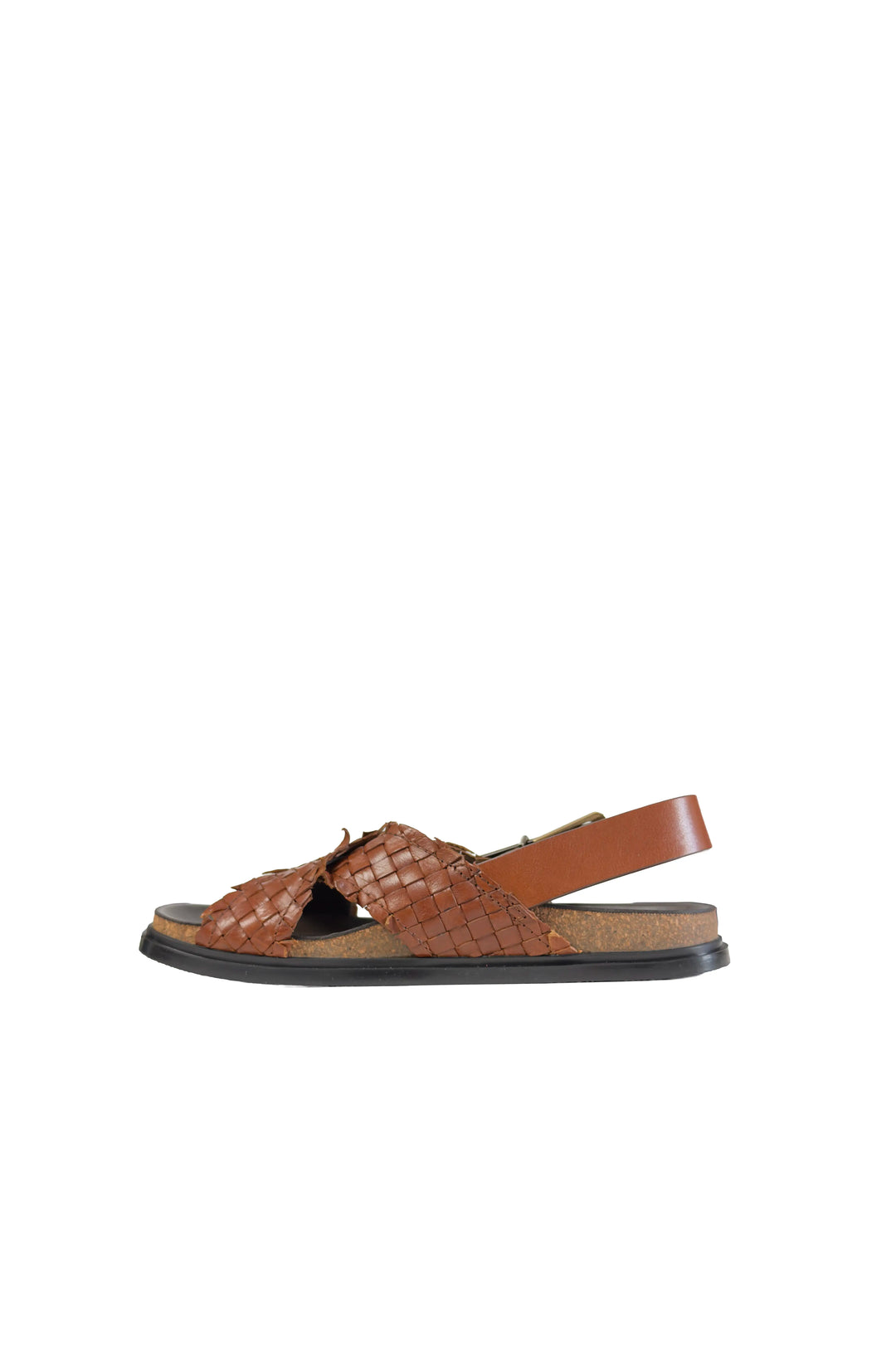 Brown sandal with woven design on a white background