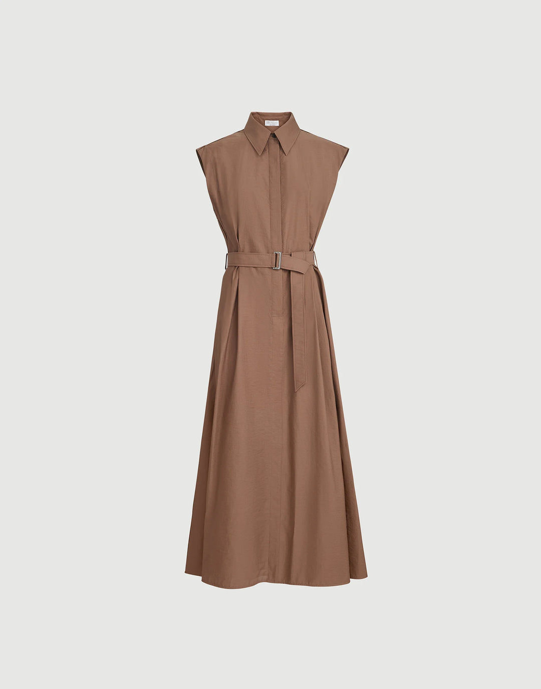 Brown sleeveless dress with a belt on a light gray background