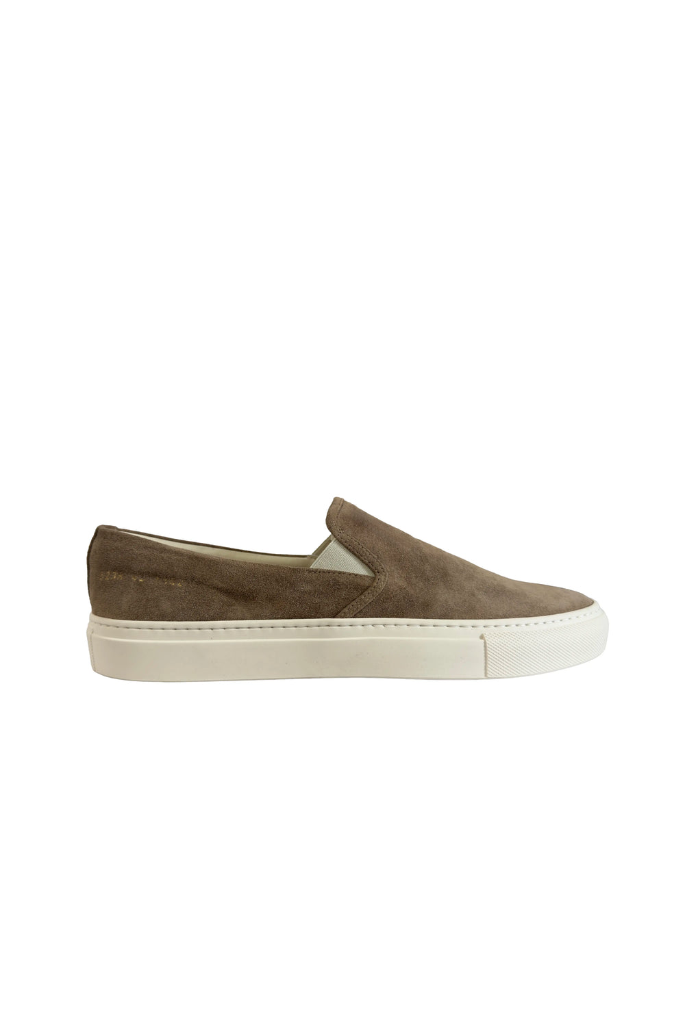 Brown slip-on shoe with white sole on a white background