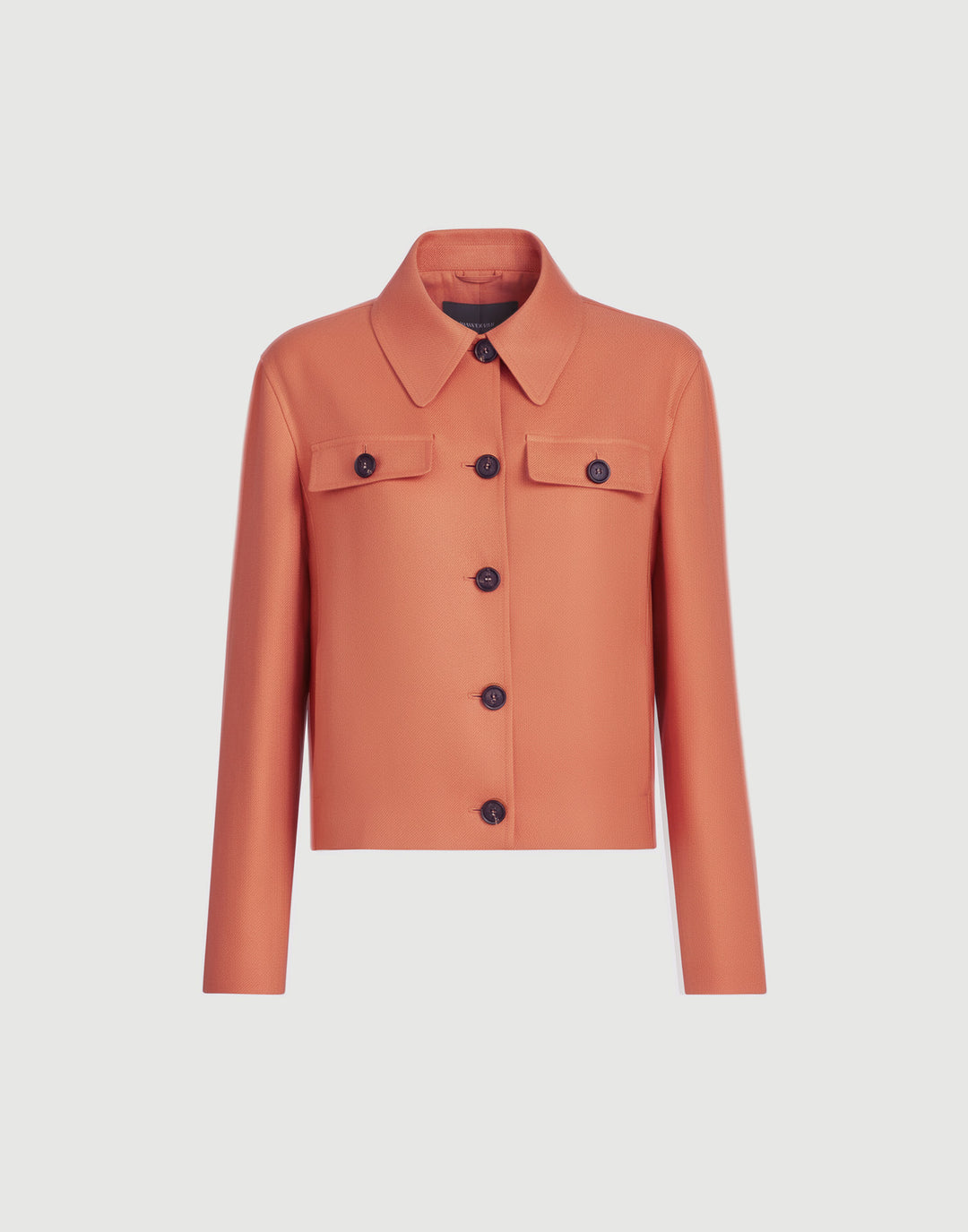 Orange jacket with button details on a light gray background