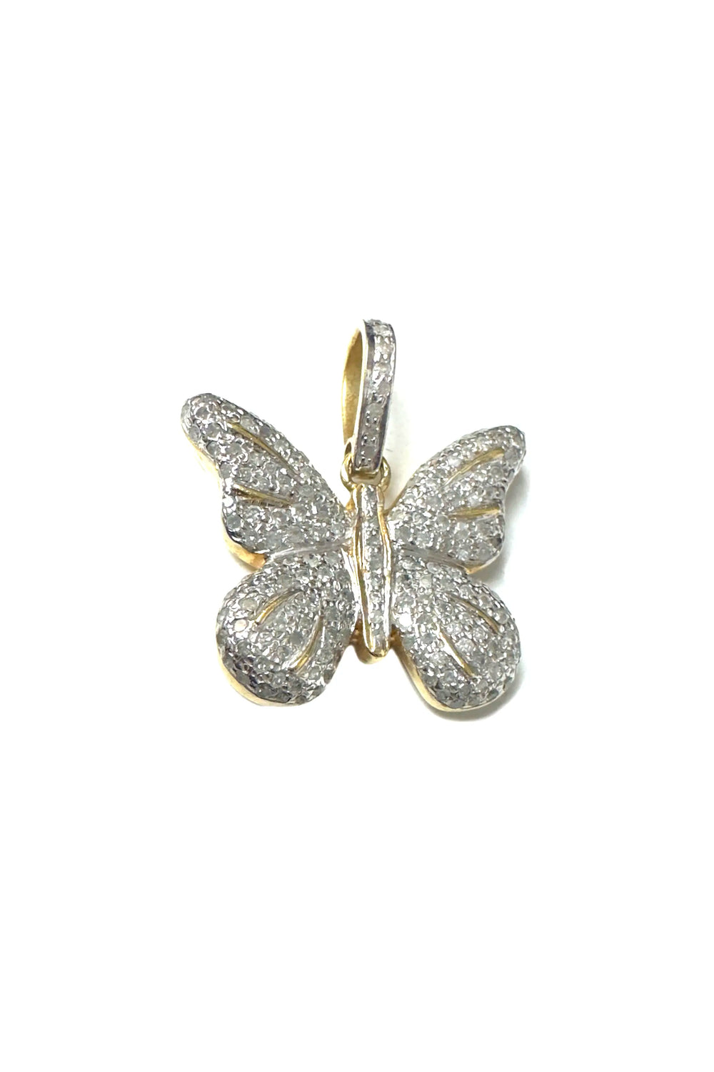 Butterfly-shaped pendant with diamond accents on a white background