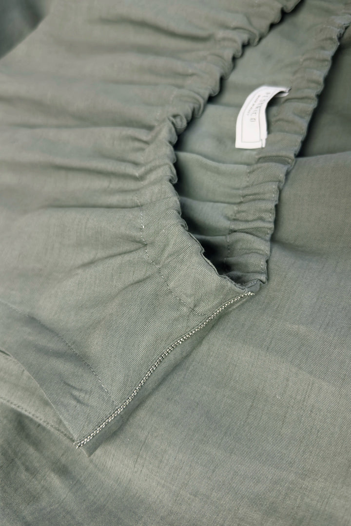 Close-up of a green fabric with a visible brand label.