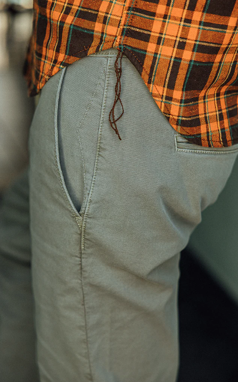 Close-up of a person wearing a plaid shirt and light-colored pants with a blurred background