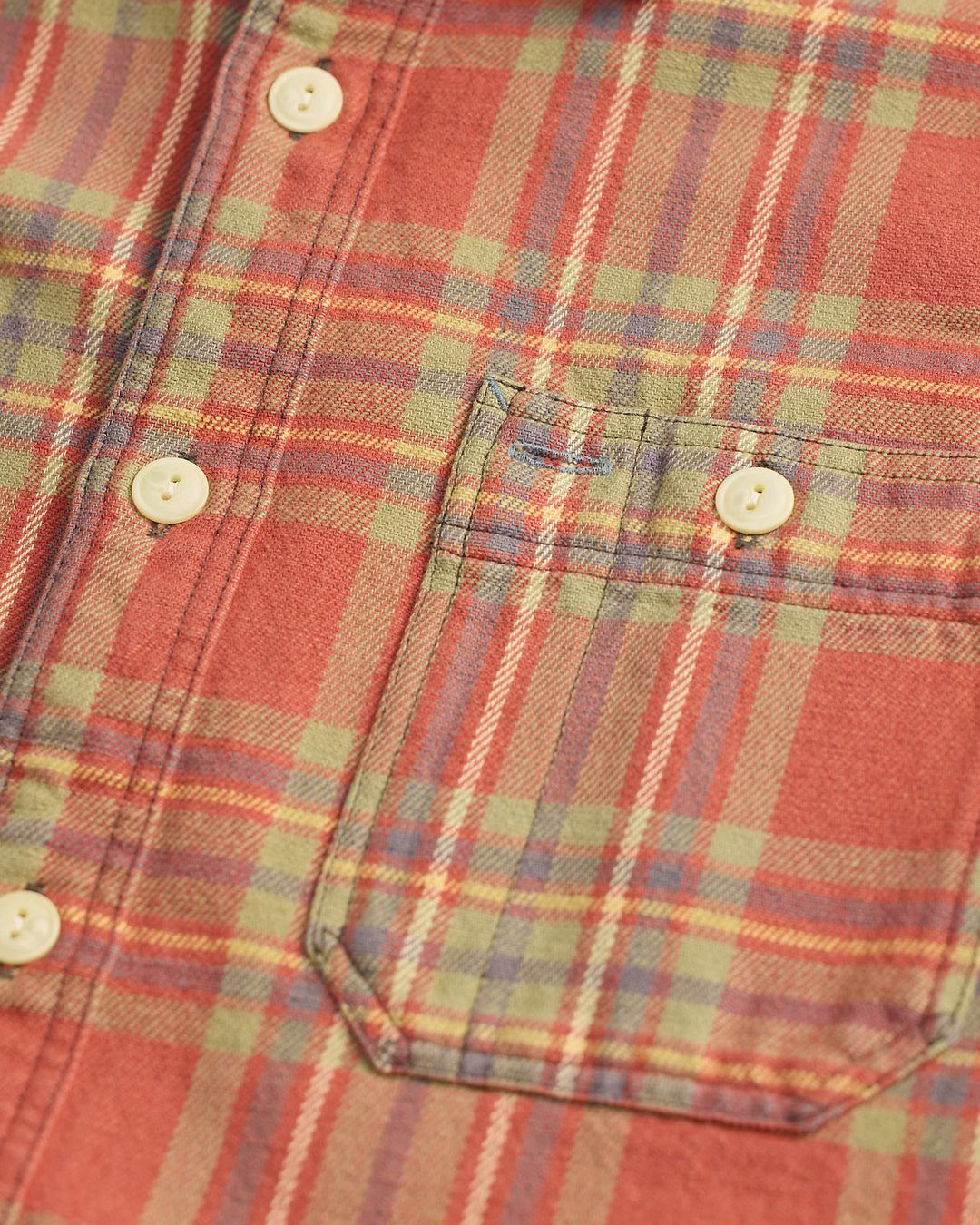 Close-up of a plaid shirt with buttons and a pocket