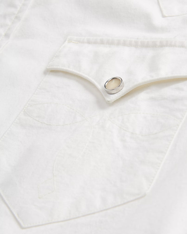 Close-up of a white garment with a button and stitching detail