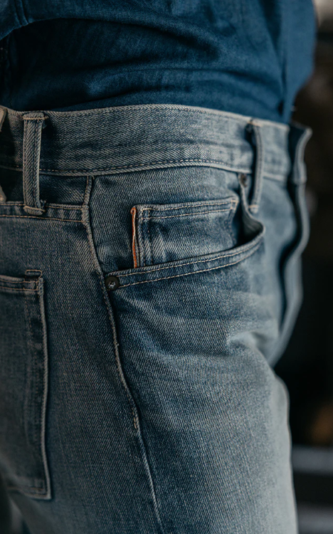 Close-up of blue jeans with a blurred background