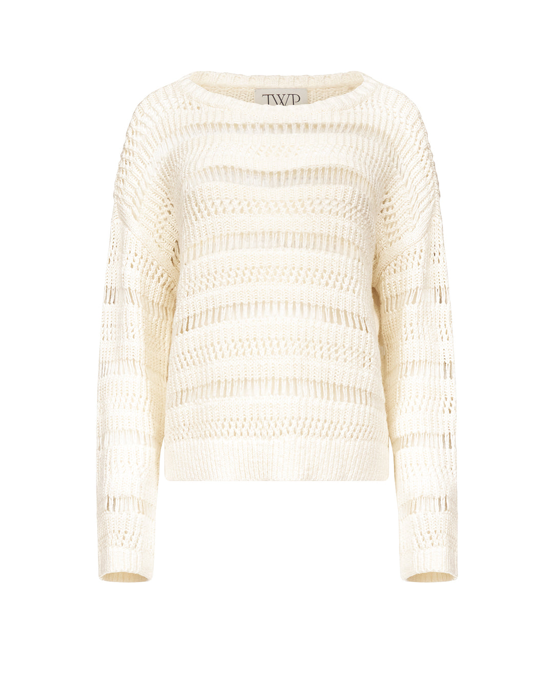 Cream-colored knitted sweater on a white background
