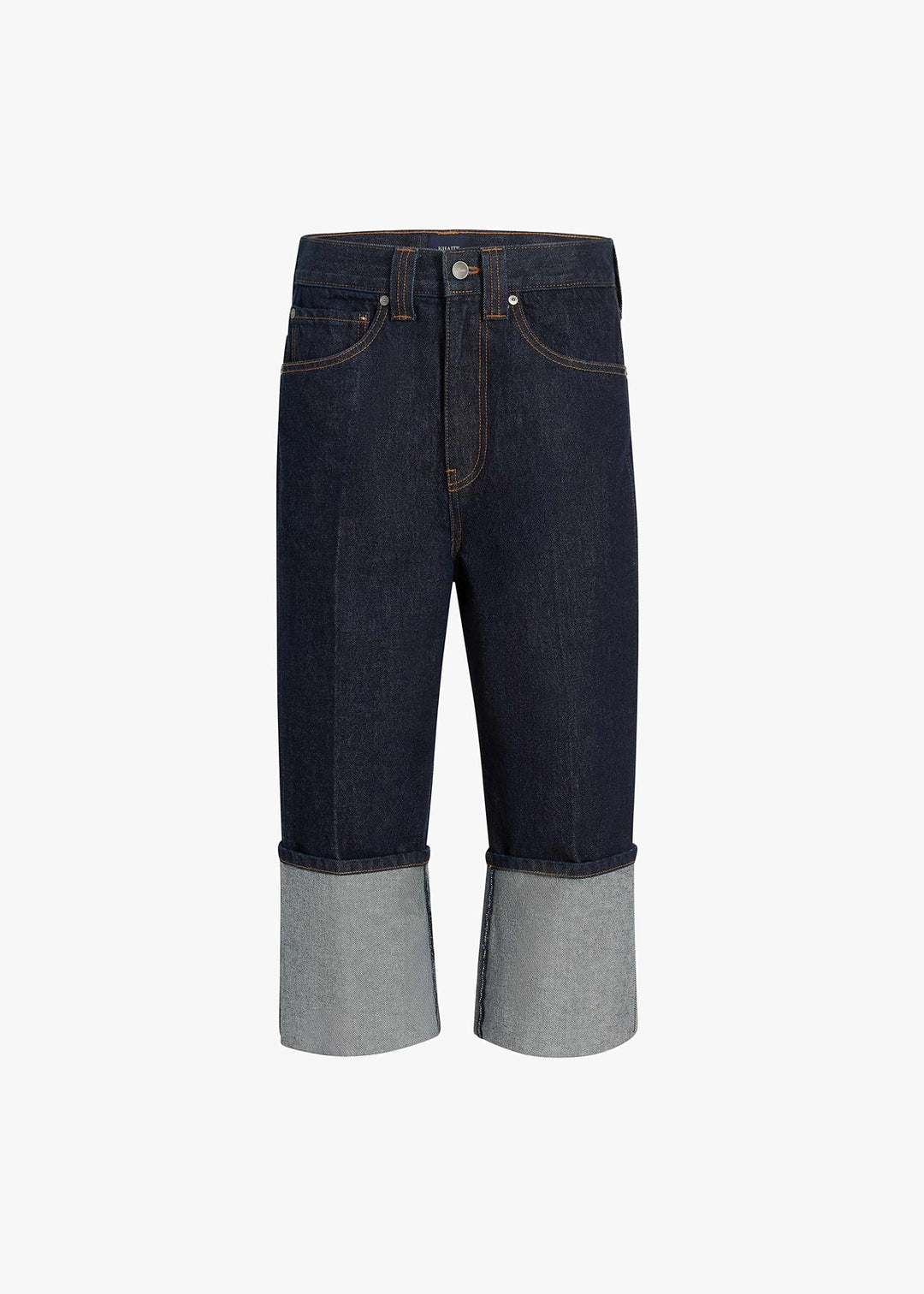 Dark blue jeans with gray cuffs on a white background