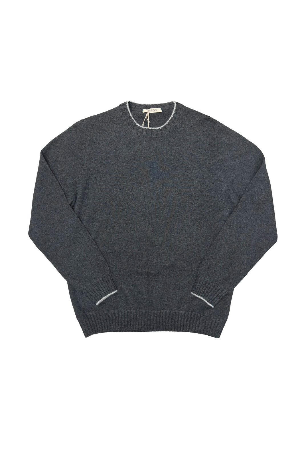 Dark gray sweater with white trim on a white background