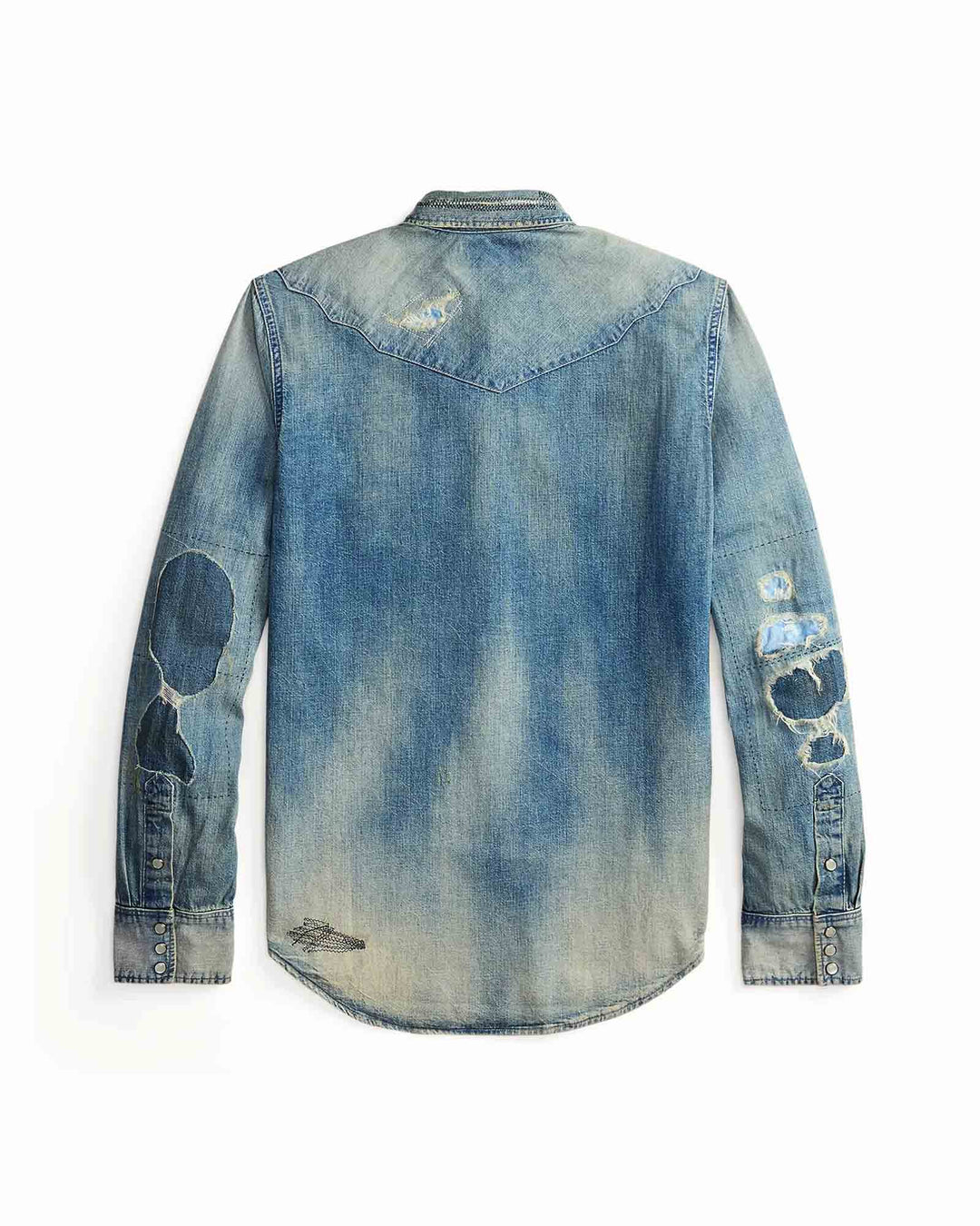 Denim shirt with distressed details on a white background