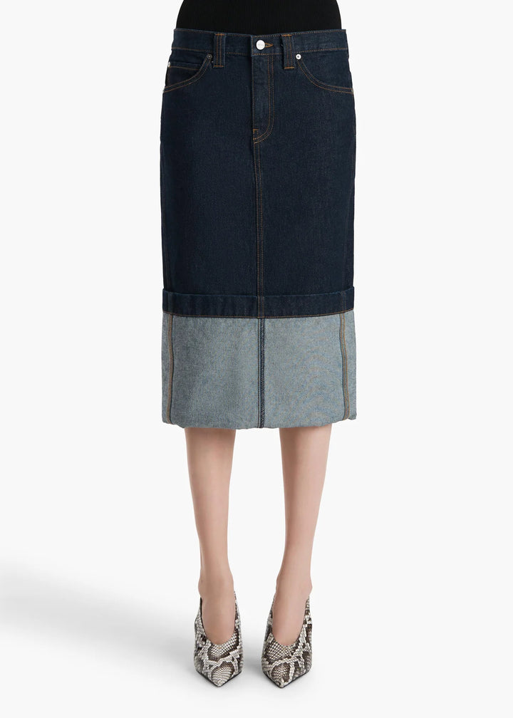 Denim skirt with a gradient effect on a white background