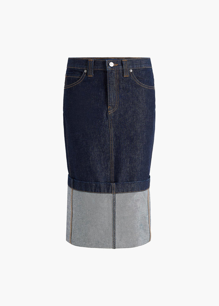 Denim skirt with a gray bottom section on a white background