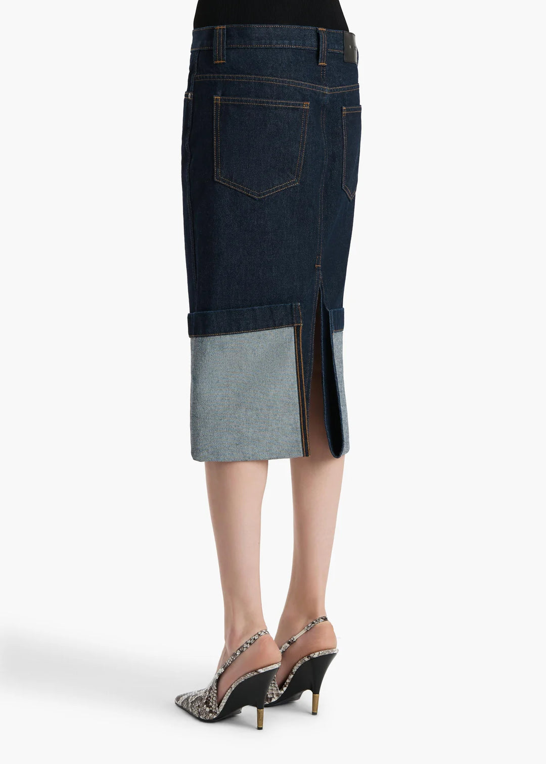 Denim skirt with a gray panel on a white background