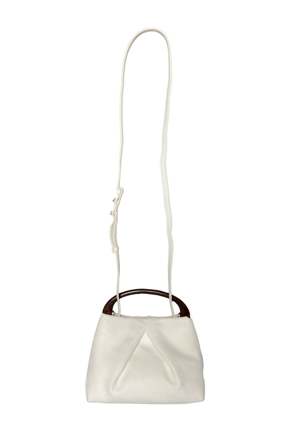 White handbag with a brown handle on a white background