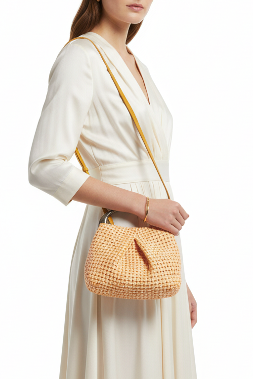 Woman holding a woven handbag against a white background