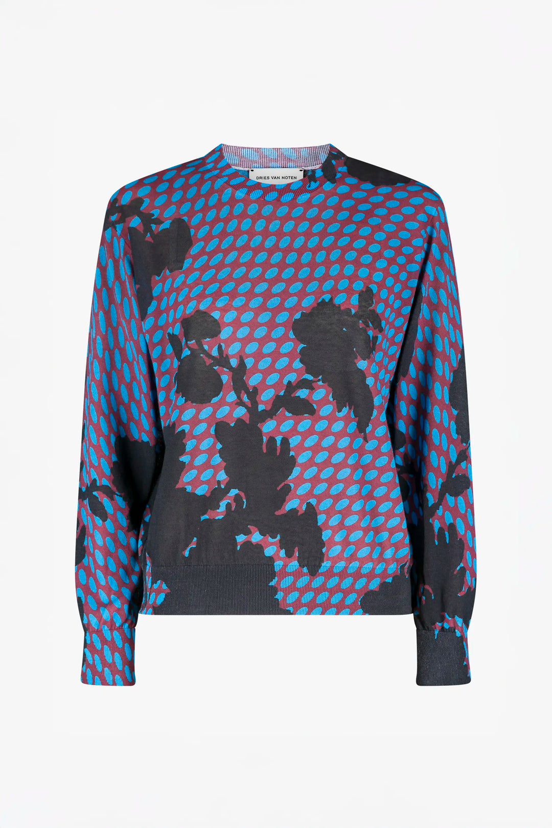 Long-sleeve shirt with geometric pattern on a white background