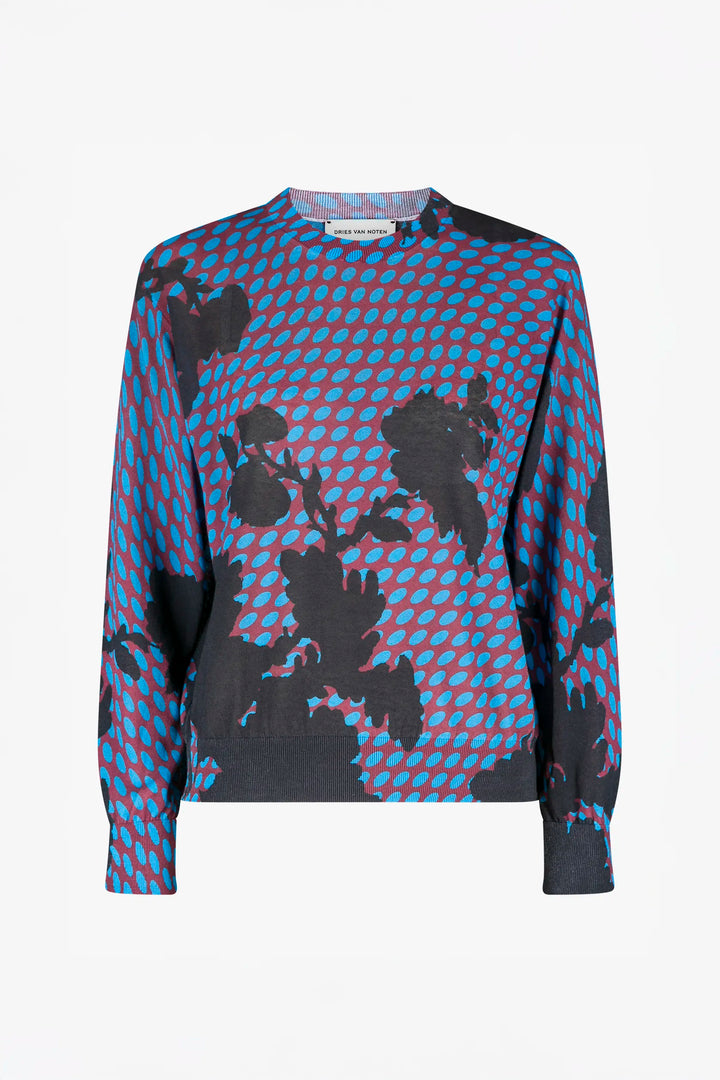 Long-sleeve shirt with geometric pattern on a white background