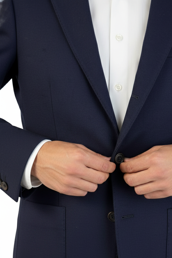 Navy blue suit jacket with white shirt on a white background