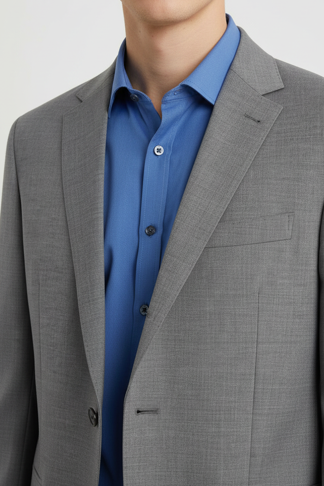Gray suit jacket over a blue shirt on a plain background
