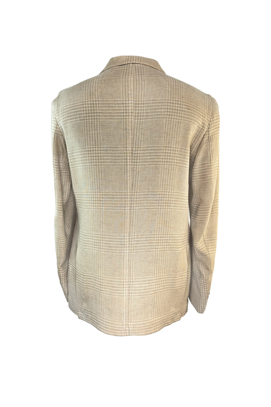 Back view of a beige checkered jacket on a white background