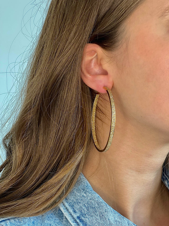 The Woods Fine Jewelry 14kt Gold Over Brass Large Double Pave Hoop Earrings