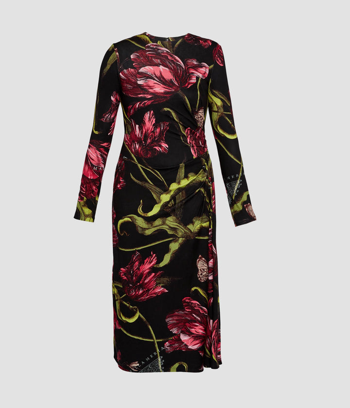 Floral dress with pink and green flowers on a black background