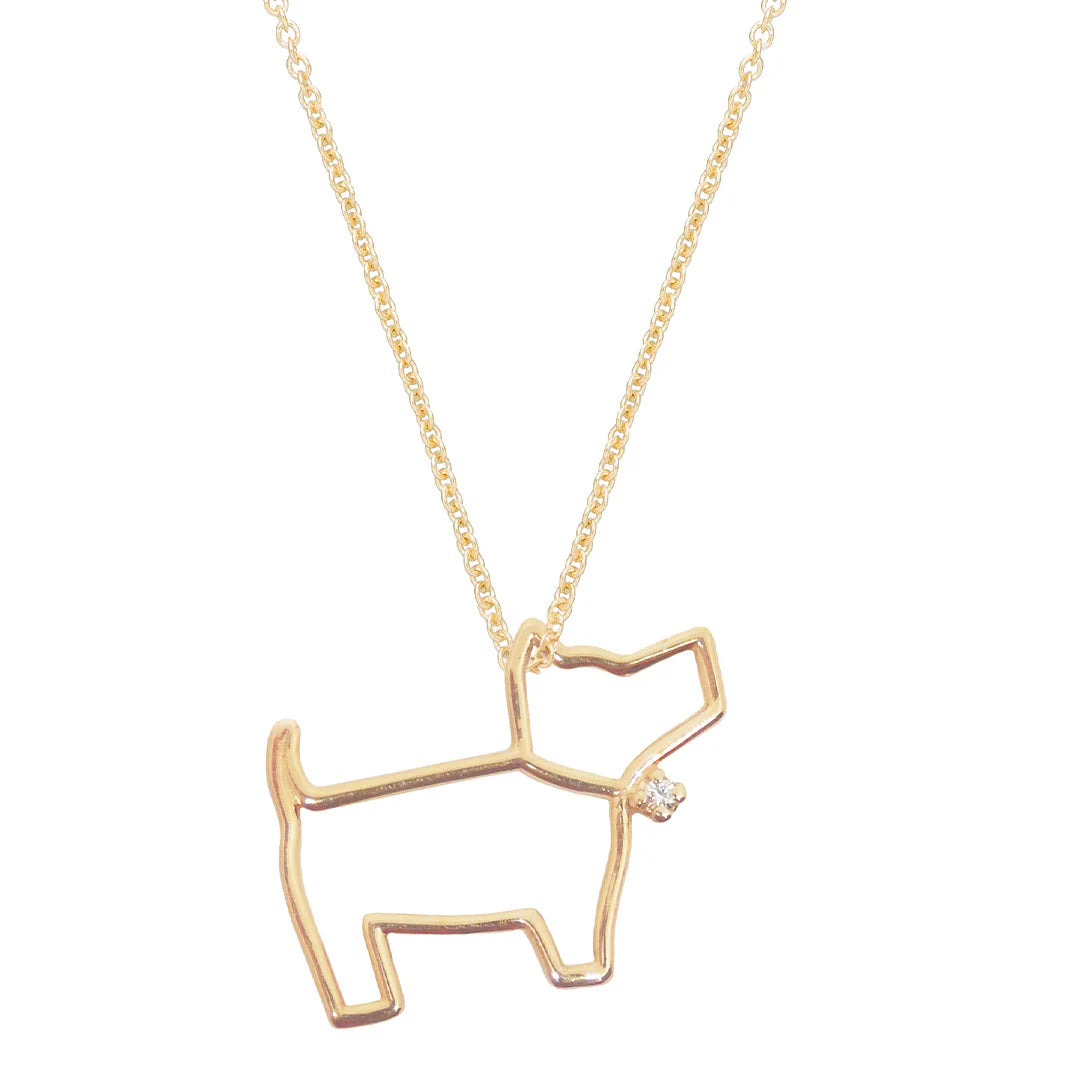 Gold dog-shaped pendant necklace on a white background