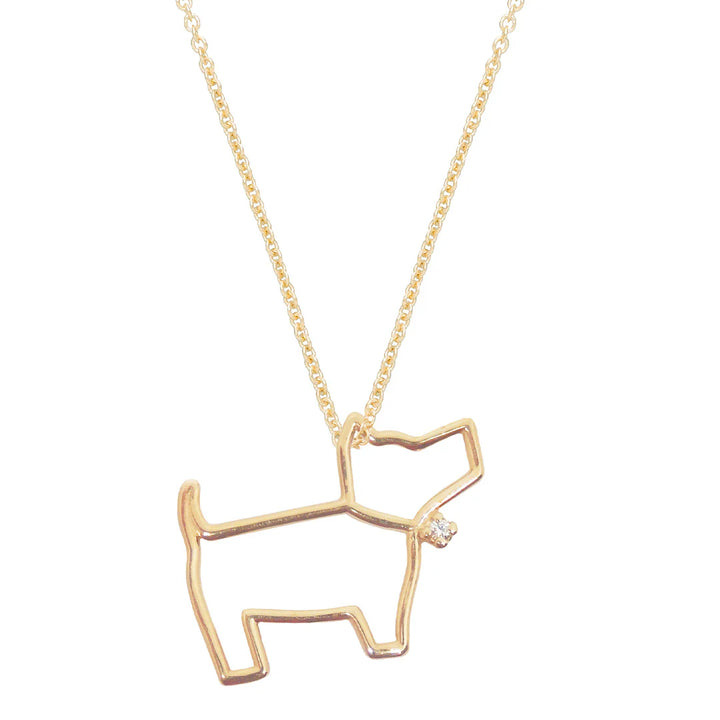 Gold dog-shaped pendant necklace on a white background