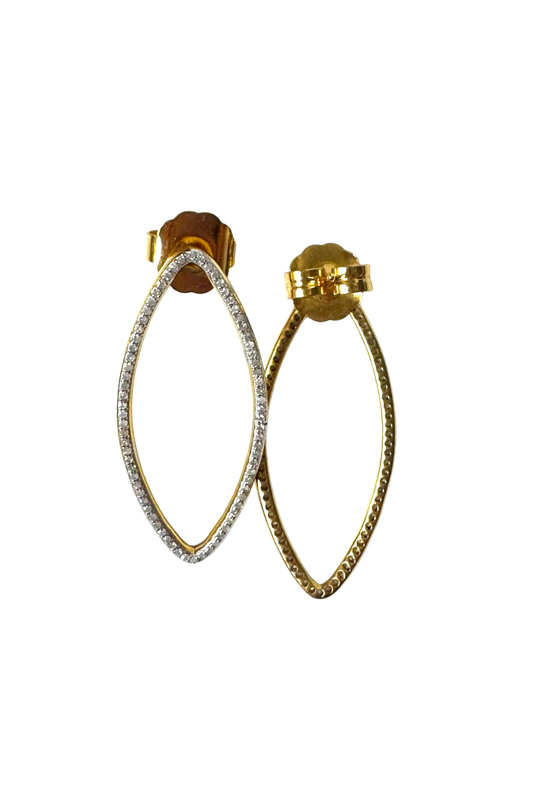 Gold hoop earrings with diamond accents on a white background