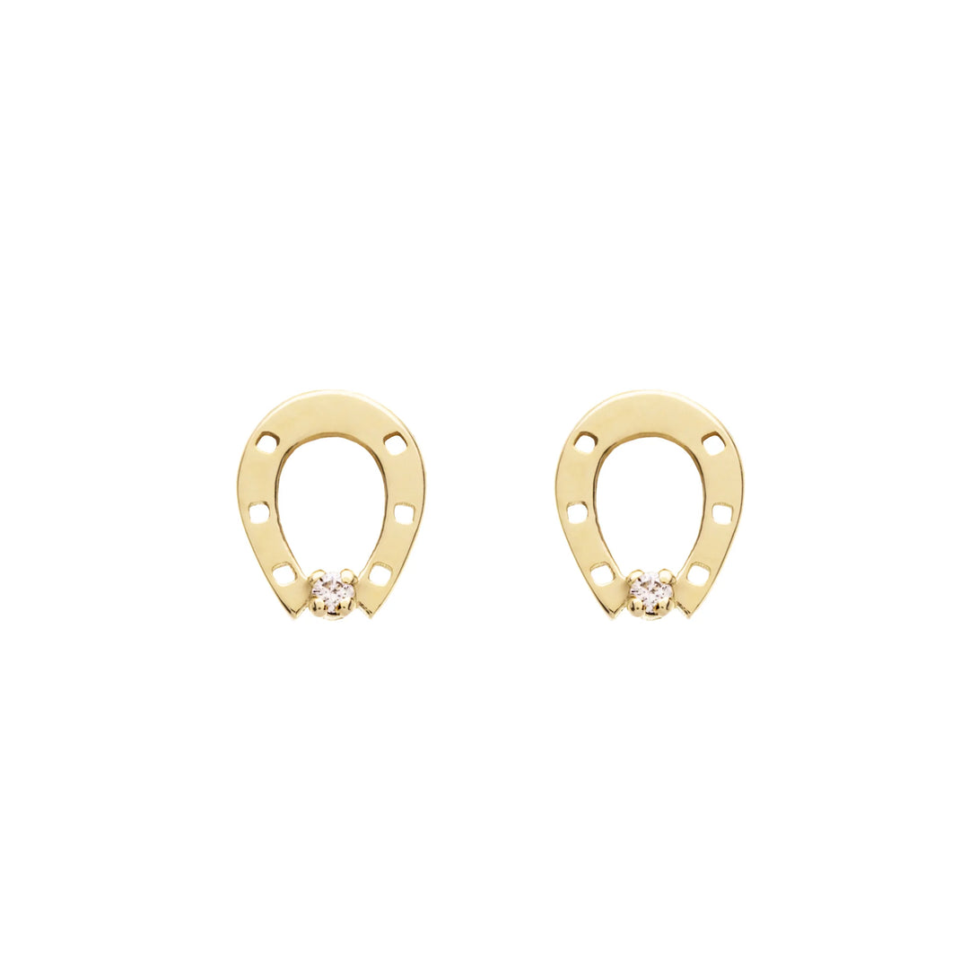 Gold horseshoe-shaped earrings with small diamonds on a white background