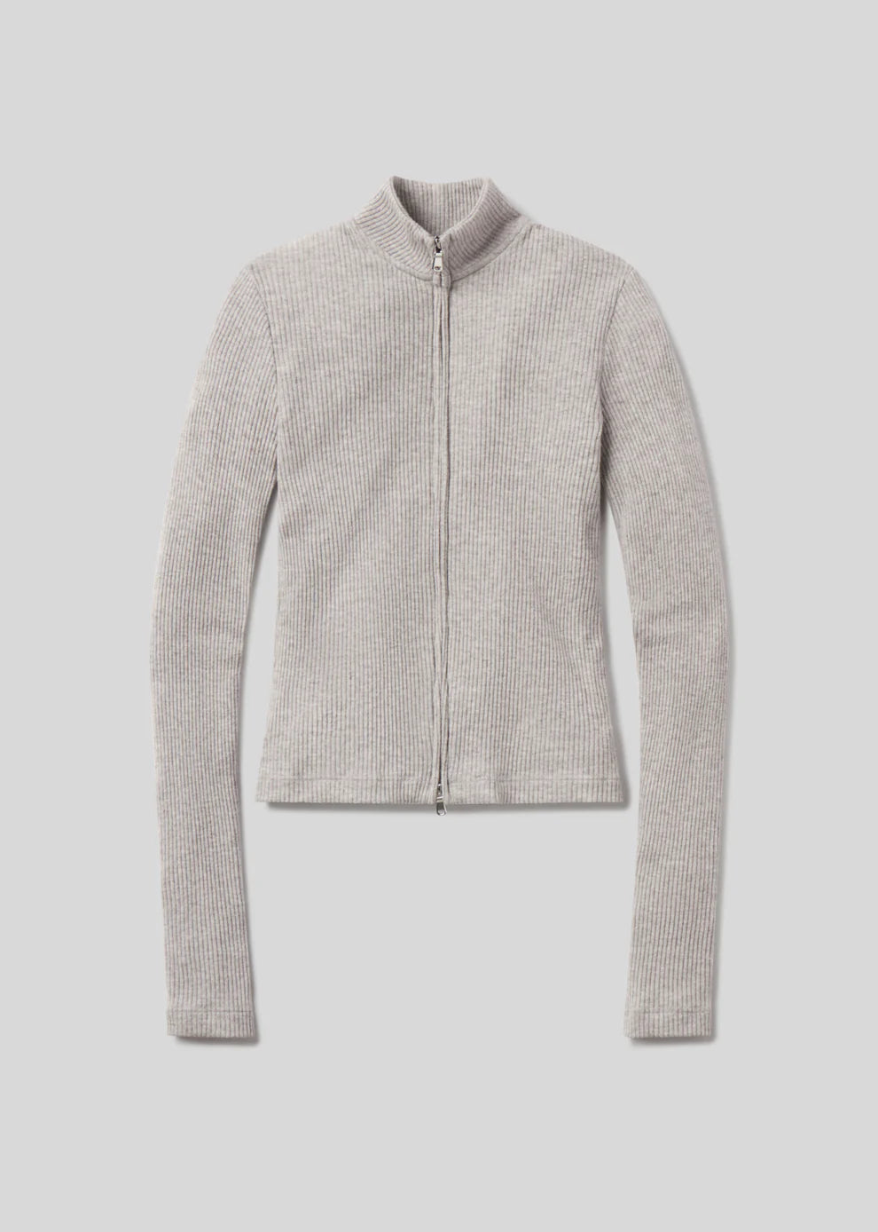 Gray zip-up sweater on a light gray background