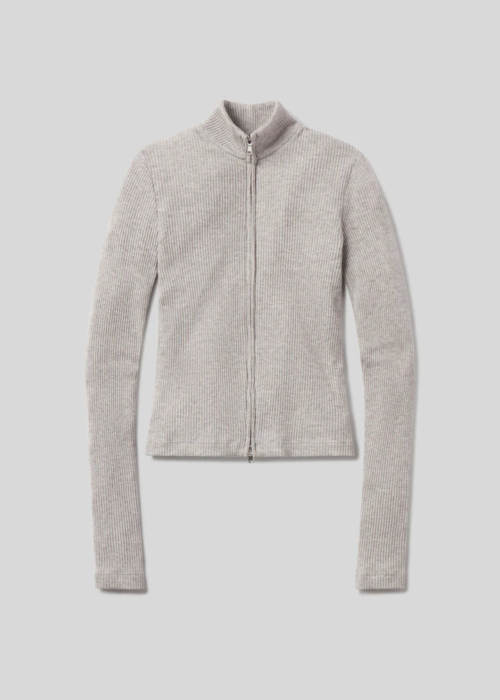 Gray zip-up sweater on a light gray background