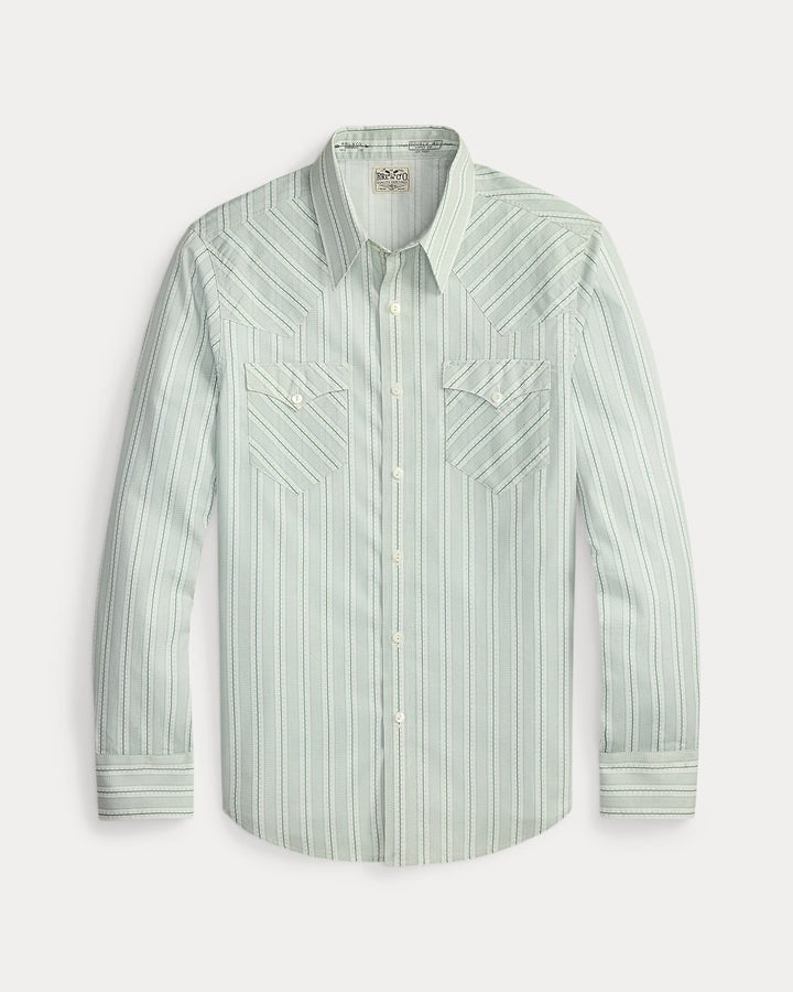 Green and white striped shirt on a light gray background