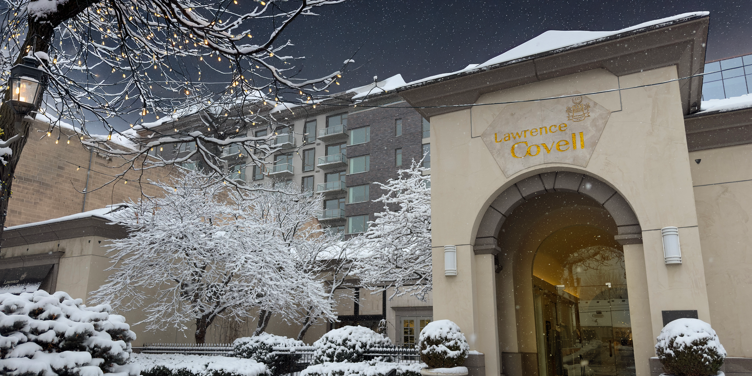 Hotel entrance with snow-covered trees and roof