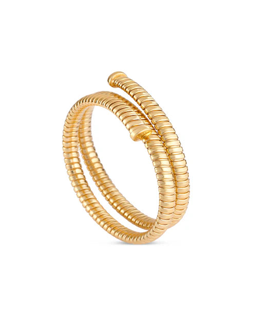 Gold spiral bracelet on a white background