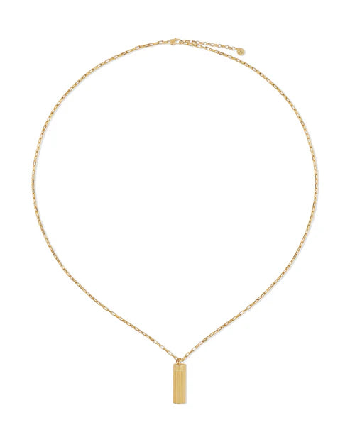 Gold necklace with a cylindrical pendant on a white background