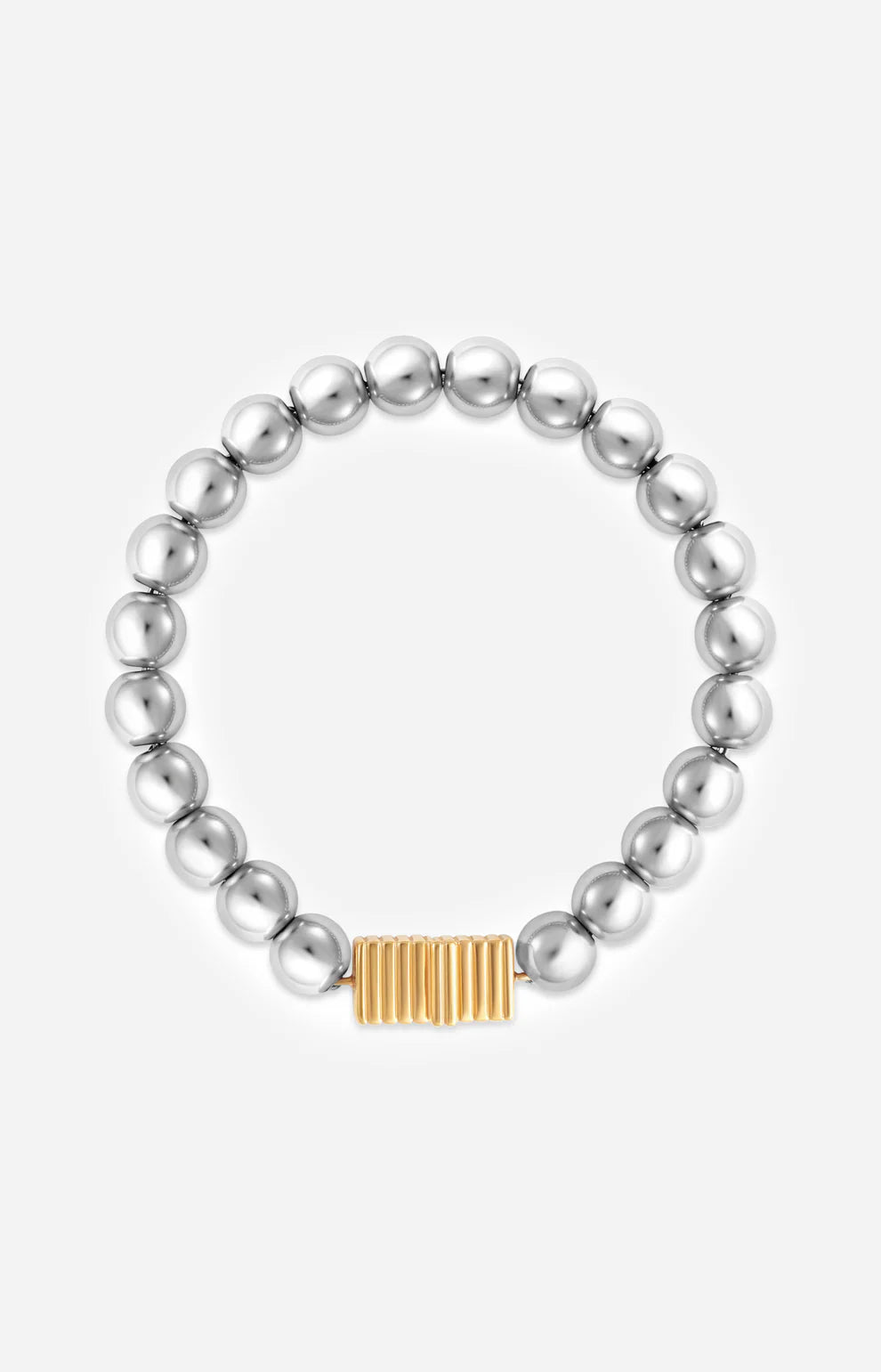 Silver beaded bracelet with a gold rectangular clasp on a white background
