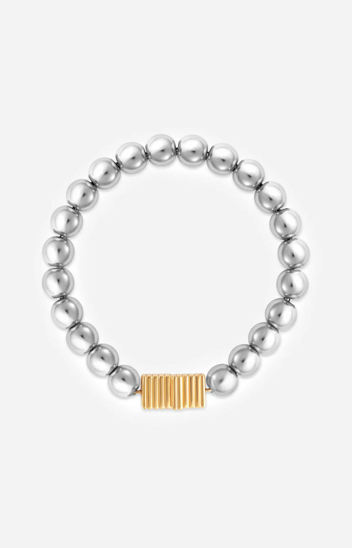Silver beaded bracelet with a gold rectangular clasp on a white background