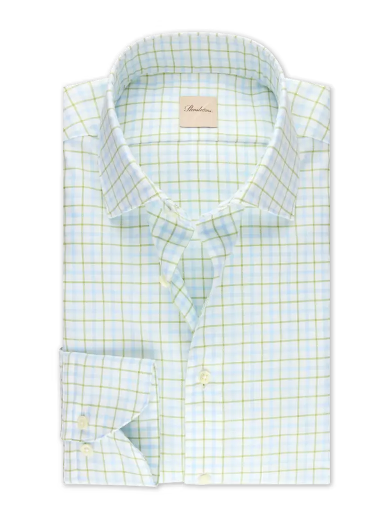 Light blue checkered shirt with a brand label on a white background