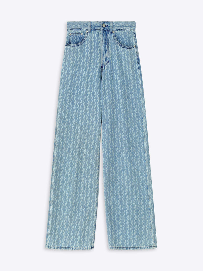 Light blue denim jeans with a subtle pattern on a white background