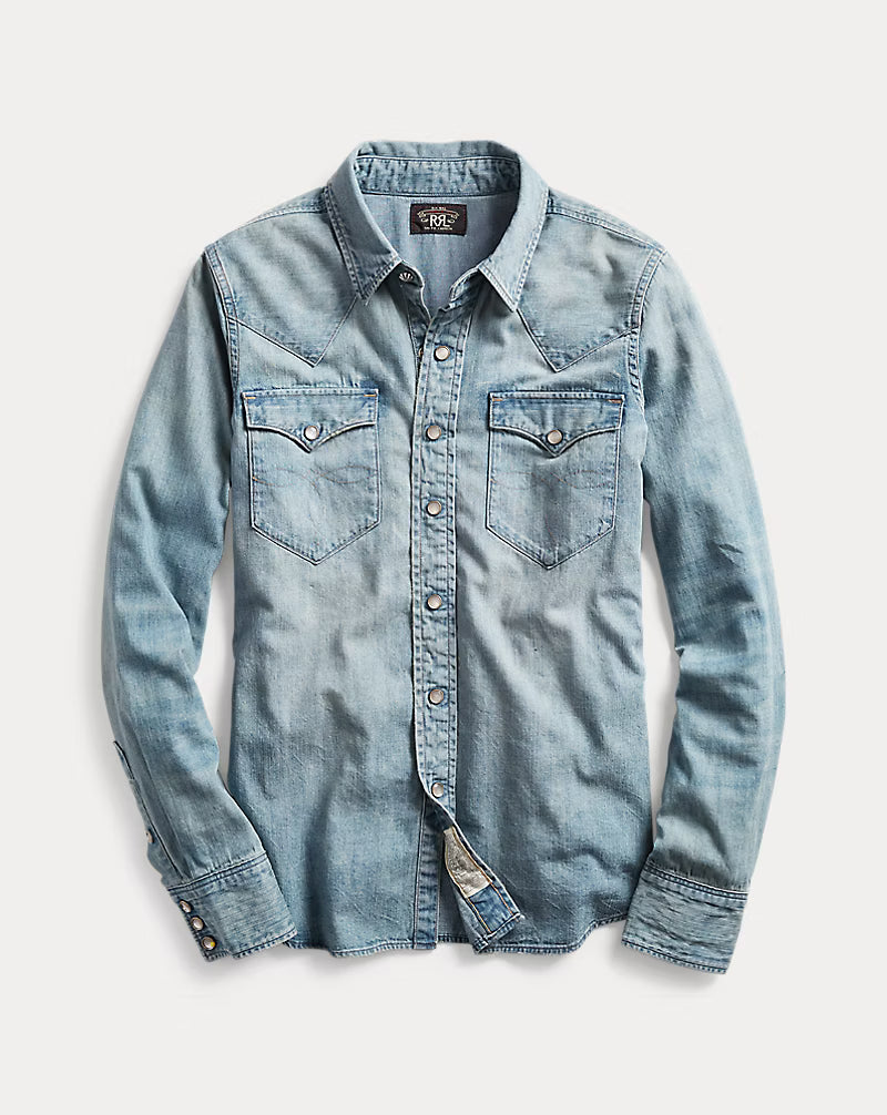 Light blue denim shirt on a white background