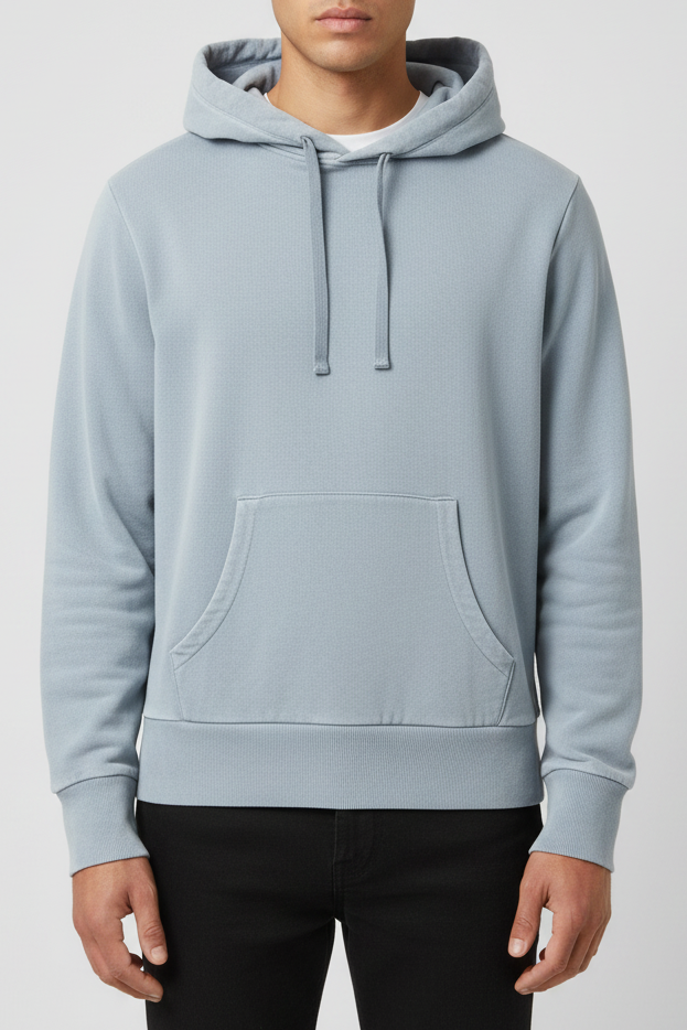 Light blue hoodie worn by a person on a white background