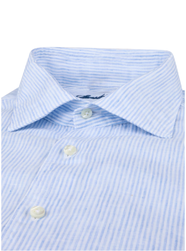Light blue striped dress shirt with collar and buttons on a white background