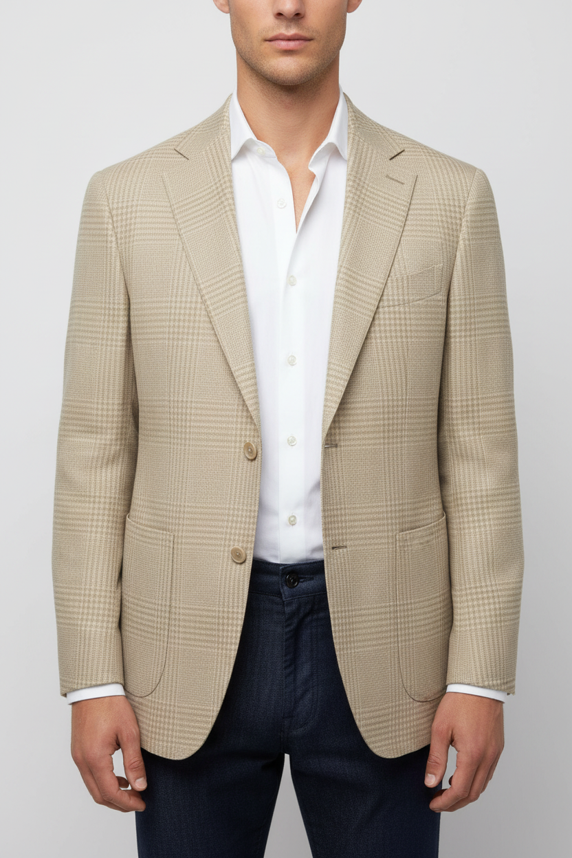 Man wearing a beige checkered blazer over a white shirt on a plain background