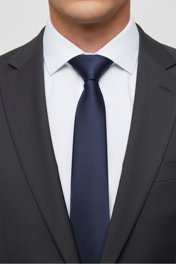 Man wearing a dark suit with a white shirt and navy tie against a light gray background