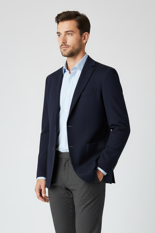 Man wearing a navy blazer, light blue shirt, gray pants, and brown shoes on a white background