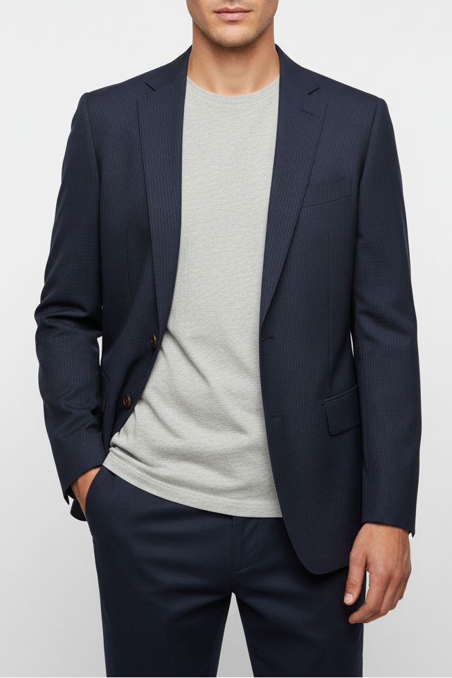 Man wearing a navy blazer over a light gray shirt on a white background