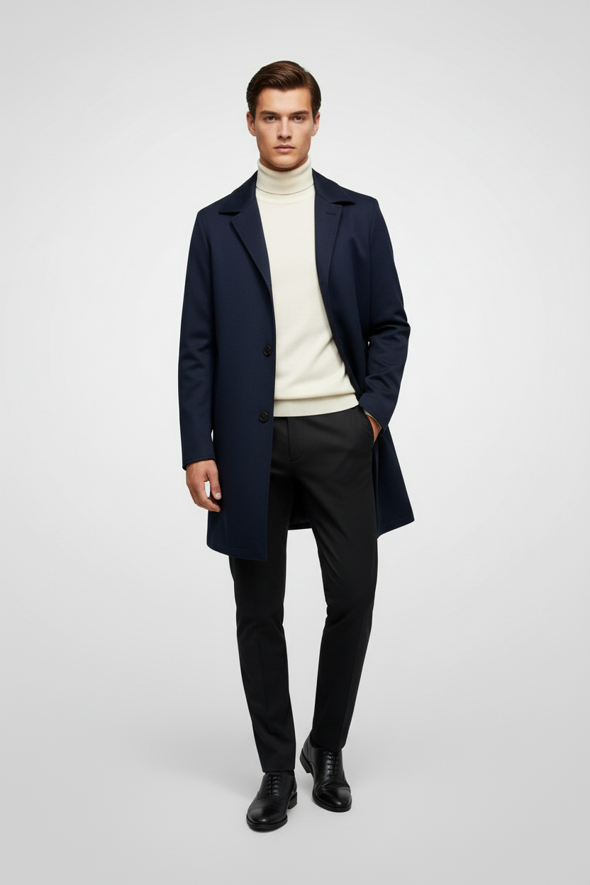 Man wearing a navy coat, white turtleneck, black pants, and black shoes on a light gray background