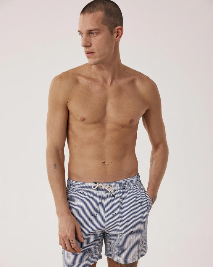 Man wearing blue striped swim shorts on a plain background